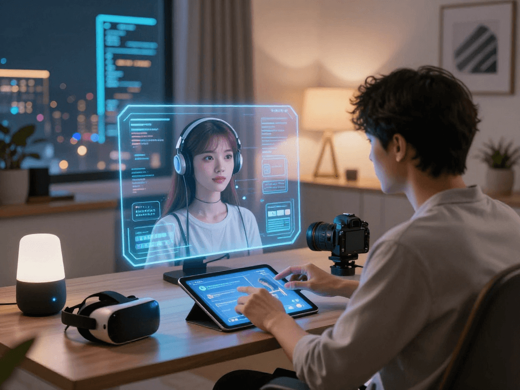 AI girlfriend avatar engaging with user in a modern tech workspace.