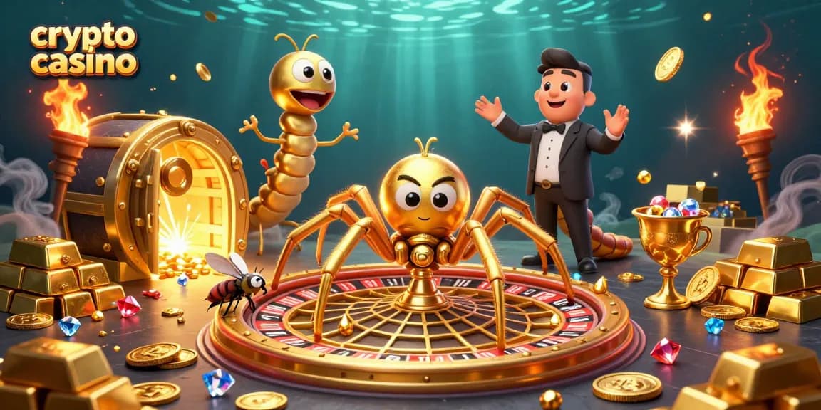 El casino cripto muestra a una araña dorada girando una rueda de ruleta con apuestas nerviosas.