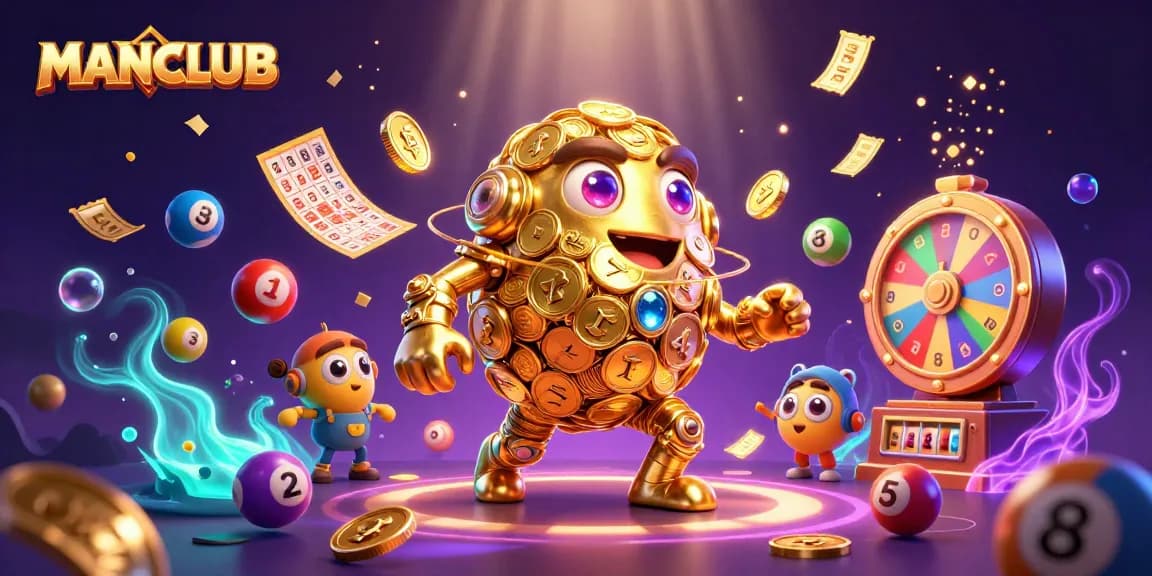 Experience winning at MANCLUB with vibrant jackpot elements and a golden golem illustration.