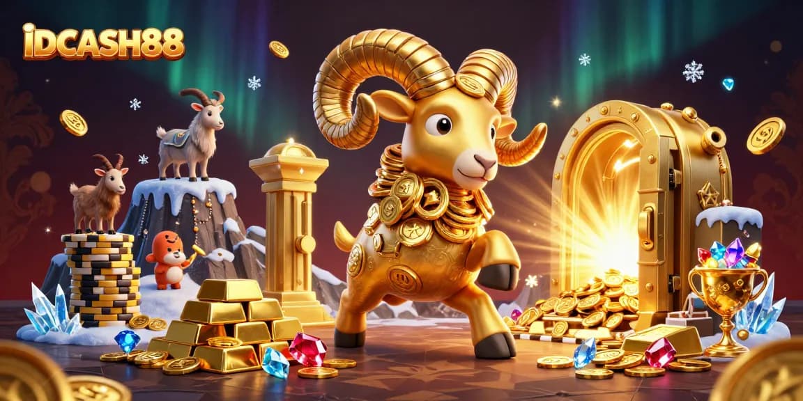Experience thrilling wins at IDCASH88 with a vibrant 3D casino scene featuring gold and gems.