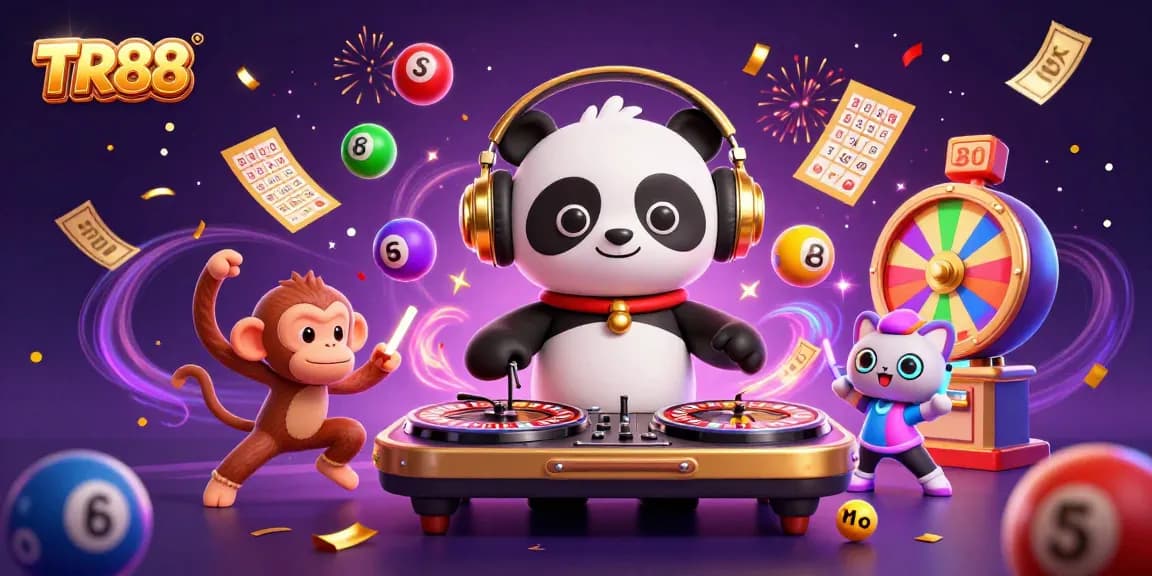 Experience the excitement of TR88 with a vibrant 3D casino scene featuring fun characters and gaming elements.