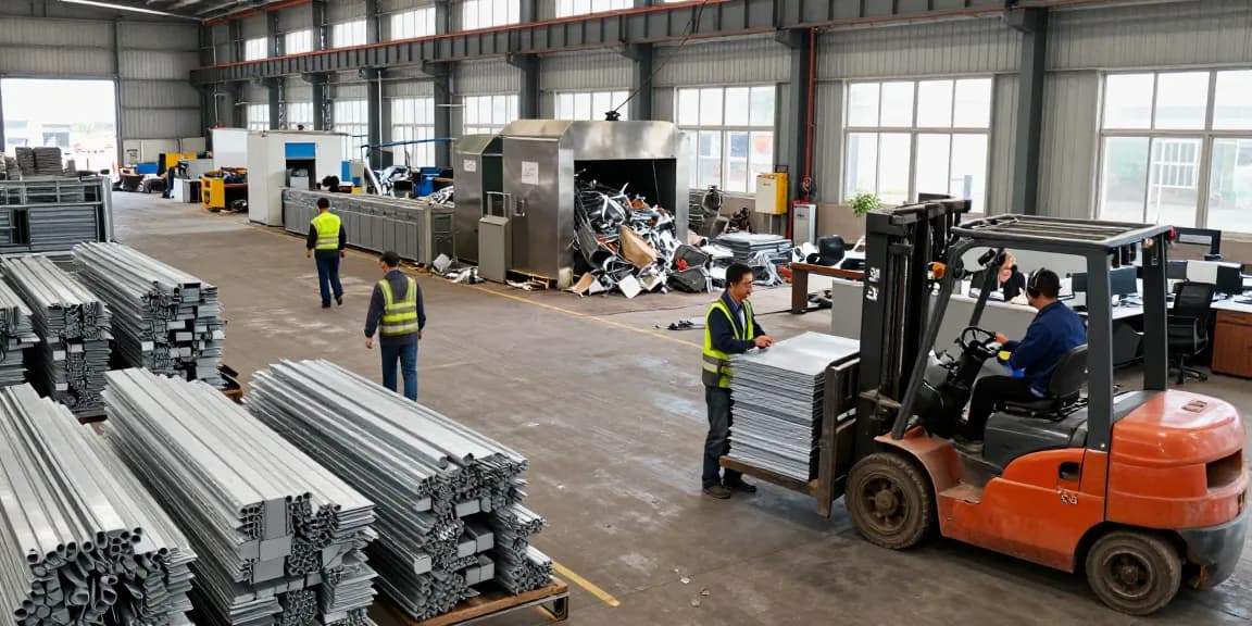 Manajemen scrap metal mercury di https://www.scrapsolutionplace.com/ dengan pekerja terampil dan mesin beroperasi, menunjukkan efisiensi industri.