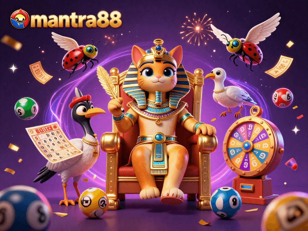 Experience the excitement of mantra88 with vibrant lottery elements and 3D characters in a dynamic casino scene.