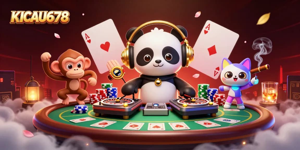 KICAU678 enhances your gaming experience with a dynamic scene featuring a DJ panda, breakdancing monkey, and rave kitten.
