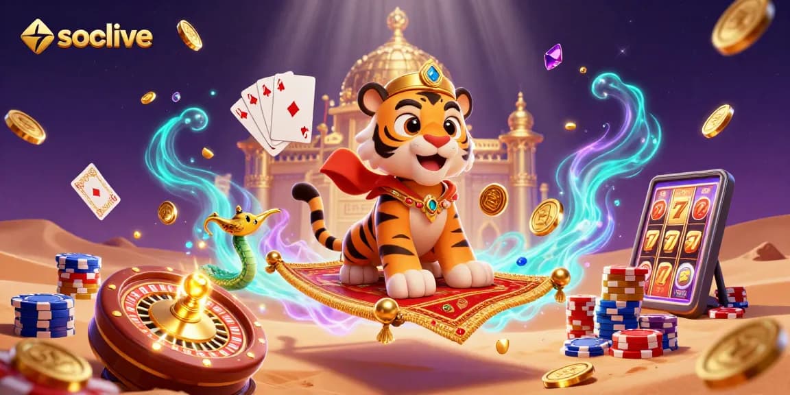 Socolive engaging casino experience with an Arabian-themed sultan on a magic carpet surrounded by golden coins and casino elements.