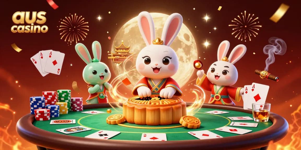 Experience excitement at aus casino with a detailed illustration of a moon rabbit crafting poker chip-filled mooncakes.
