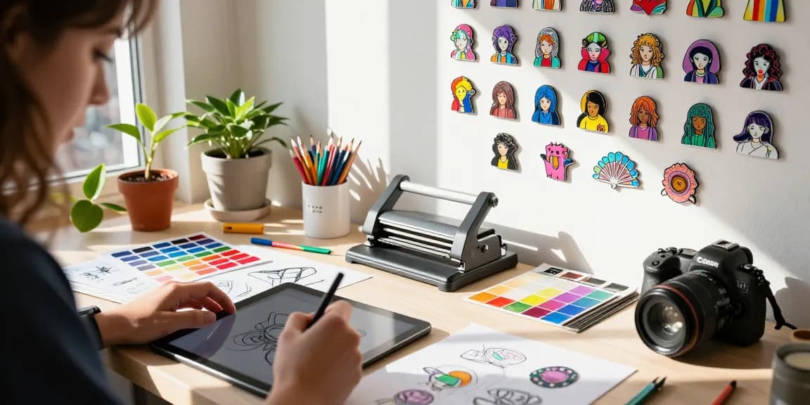 Custom acrylic pins being designed in a vibrant, creative workshop with samples and tools.