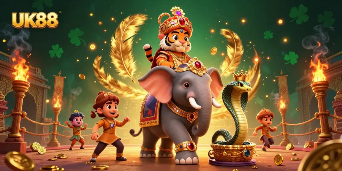 Experience thrilling wins at UK88 with a vibrant illustration of an elephant, tiger, and cobra in a colorful casino setting.