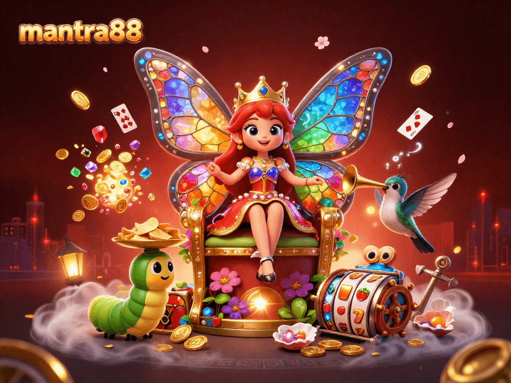 Experience the thrill of mantra88 with vibrant slots and a captivating butterfly queen in a 3D casino scene.