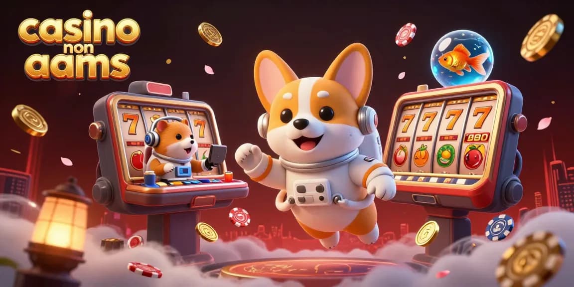 Immagini di un casino non aams con un corgi astronauta e slot machine fluttuanti in un ambiente spaziale.