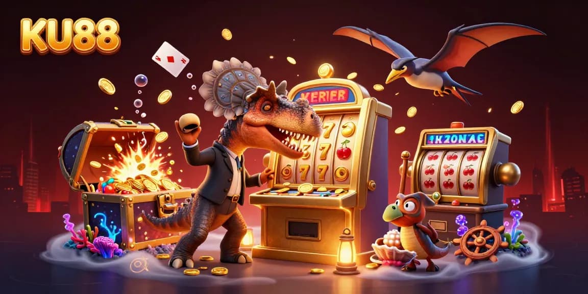 KU88 slot machine adventure with dinosaurs and coins in a vibrant casino scene
