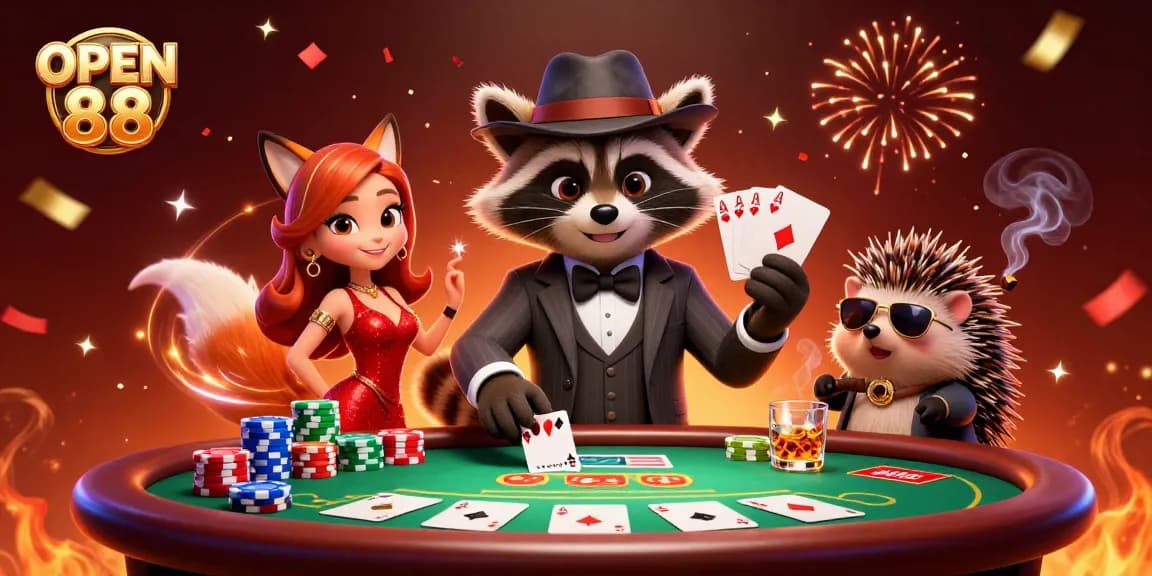 Engage in thrilling poker action at OPEN 88 with raccoon, fox, and hedgehog characters.