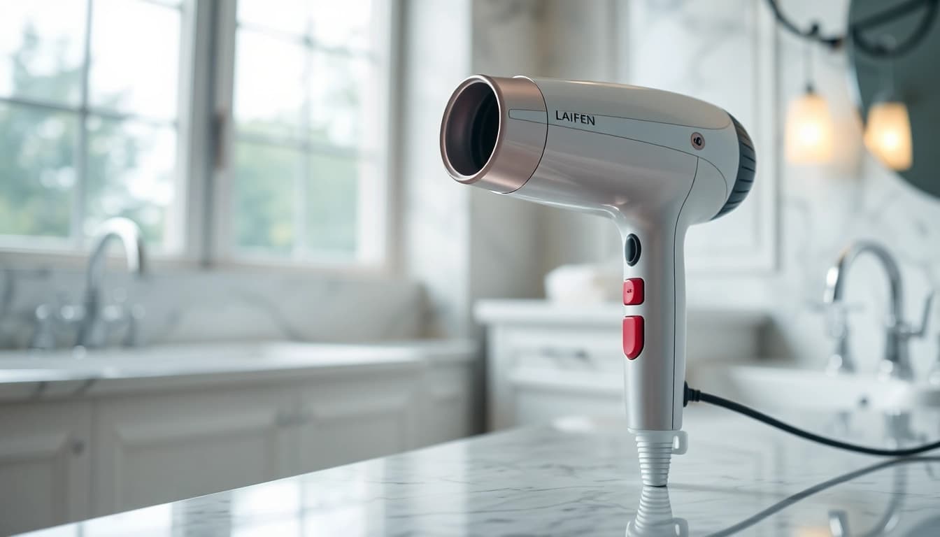Laifen hair dryer elegantly displayed in a modern bathroom, showcasing its sleek design and advanced technology.