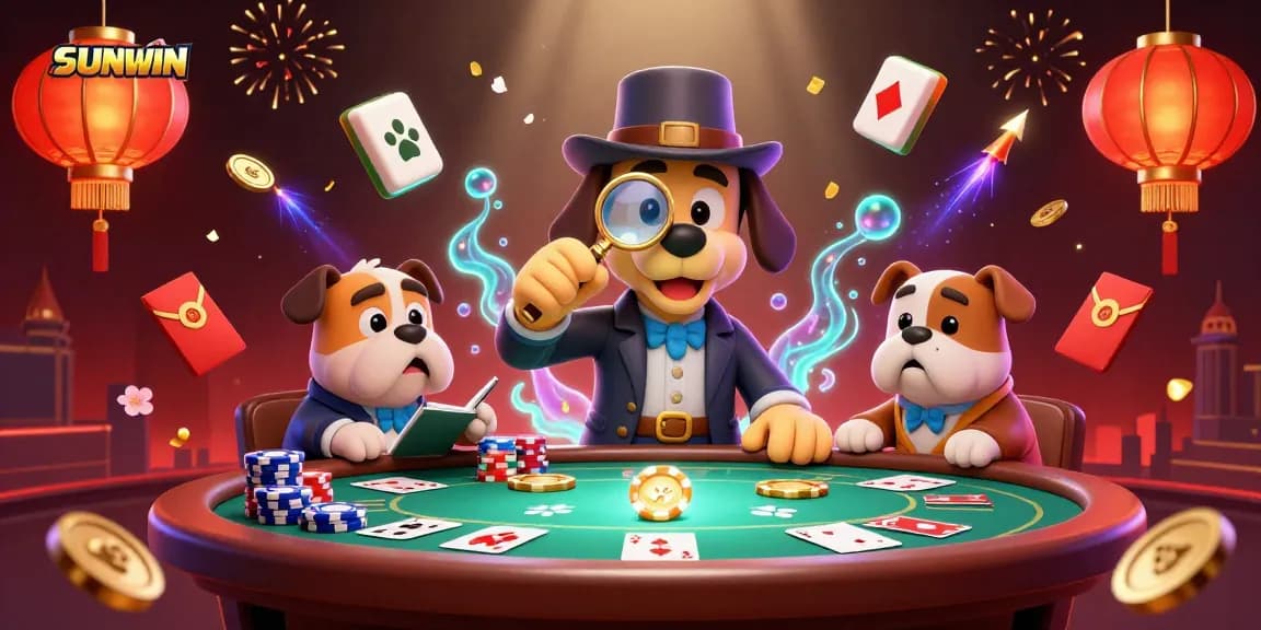 SUNWIN reveals fortune while 3D characters celebrate poker success in a dynamic casino scene.