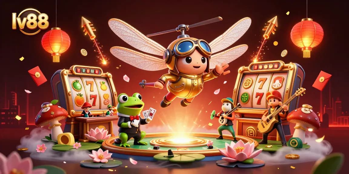 Experience thrilling gameplay at lv88 casino with a vibrant illustration of a dragonfly pilot, frog croupier, and musical crickets.