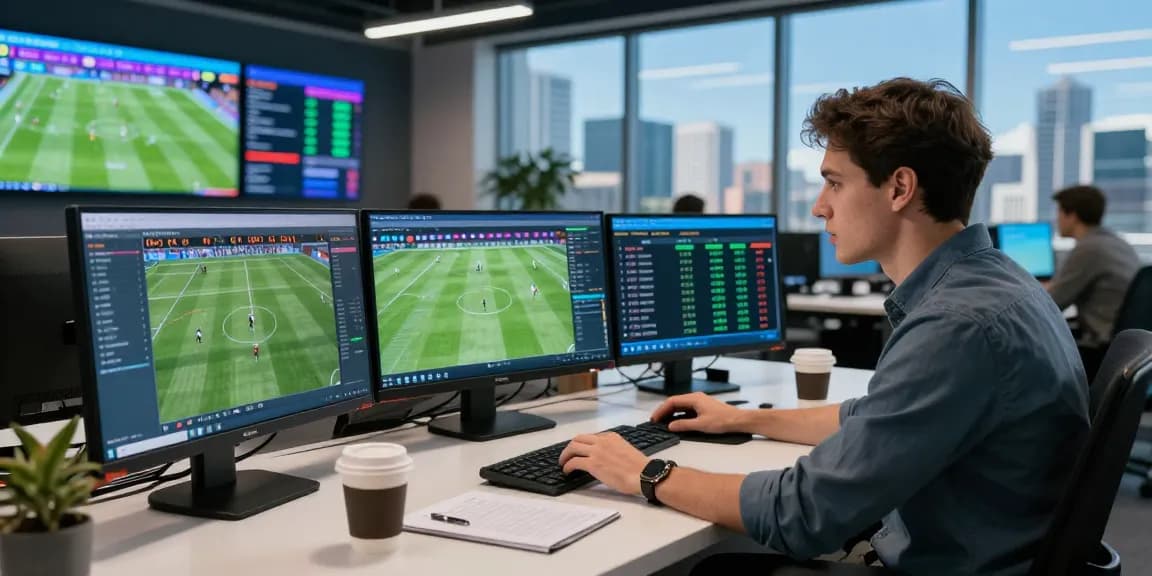 Online betting analyst reviewing newtaiwan sports odds in a bustling office