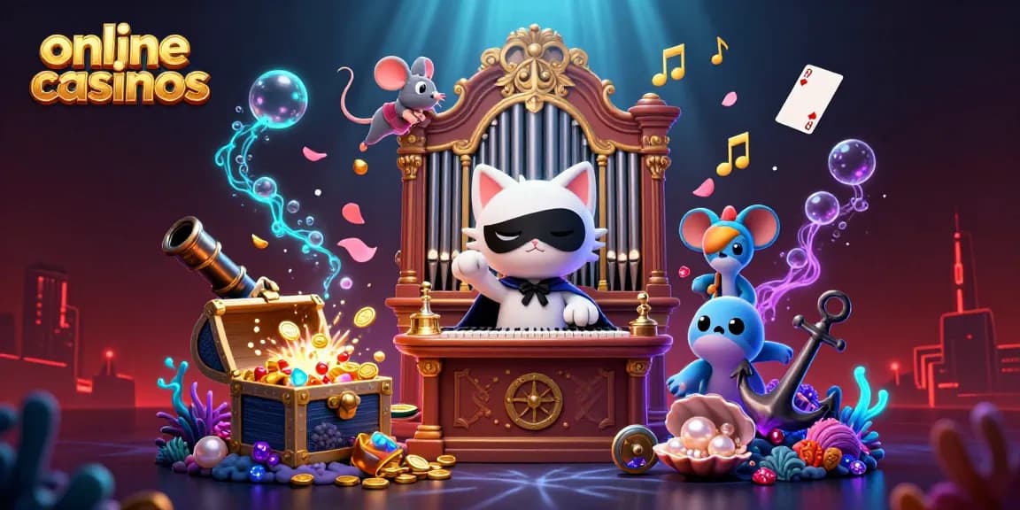 Experience online casinos with a dynamic scene showcasing gaming excitement and whimsical elements.