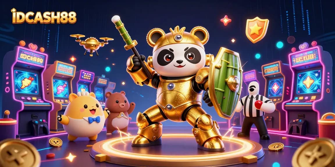 Engage with IDCASH88's thrilling digital casino experience amid vibrant arcade elements and colorful characters.