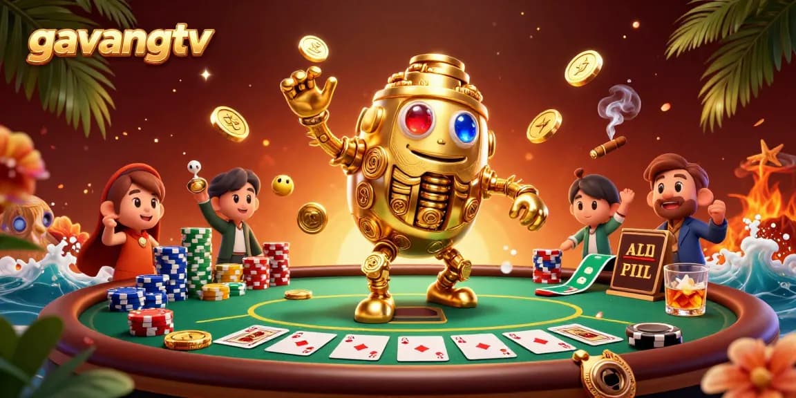 Spin and win with gavangtv in a vibrant 3D casino scene featuring a poker table and golem.
