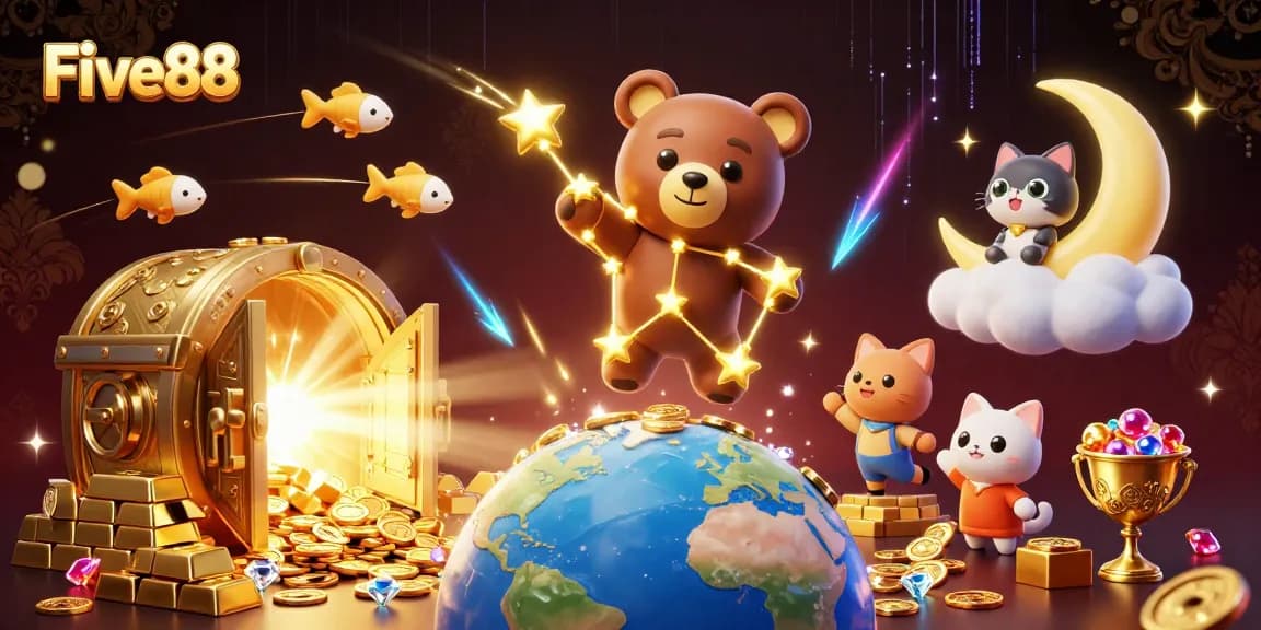 Engaging Five88 casino scene showcasing vibrant 3D characters and treasures, perfect for attracting gamers.