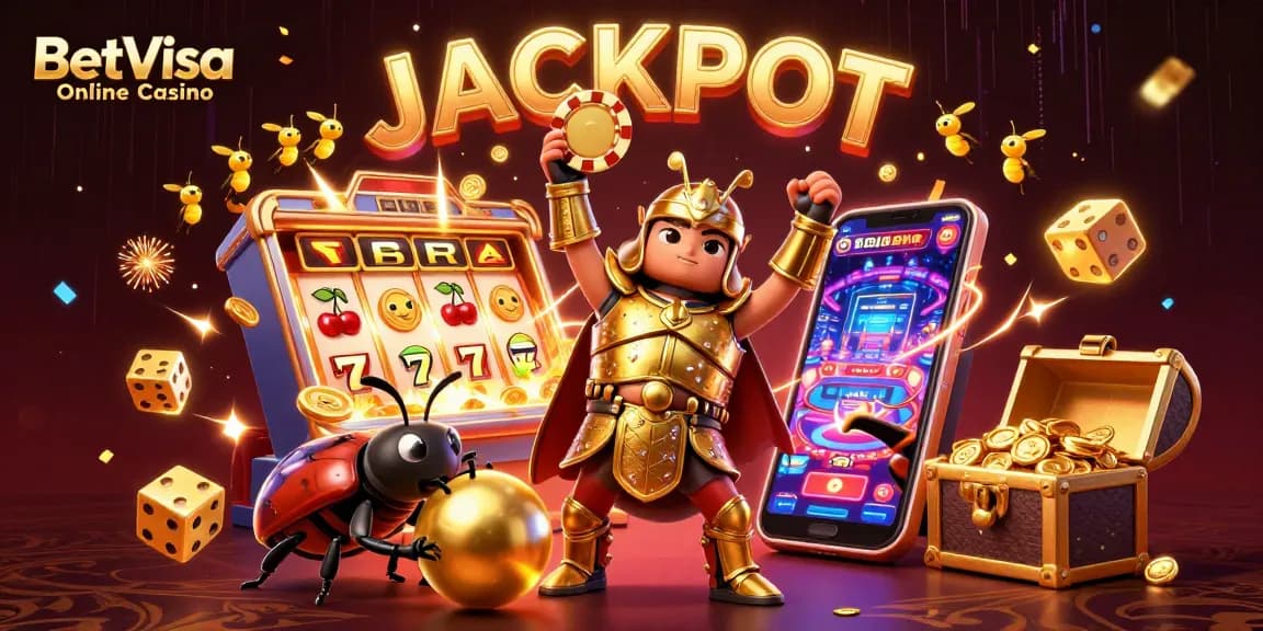 BetVisa Online Casino 3D illustration depicting a beetle hero celebrating wins amidst vibrant casino elements.
