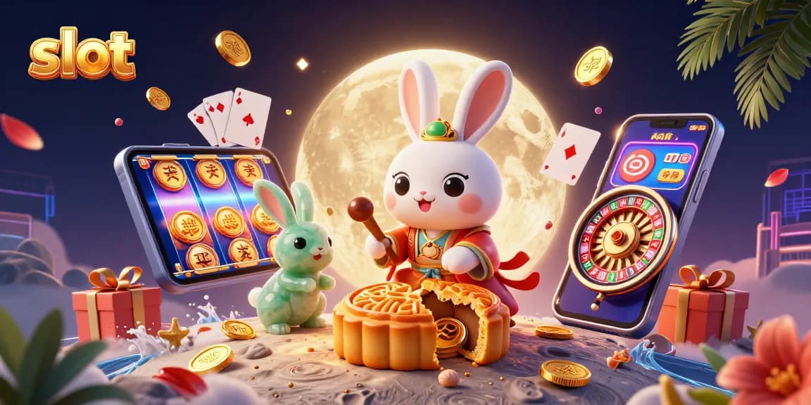 Slot gacor menampilkan kelinci bulan mengolah kue bulan sambil memainkan slot di ponsel 3D.