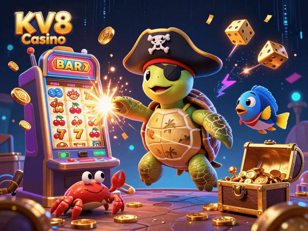 Experience thrilling fun at KV8 Casino with vibrant games and animated characters in a lively jackpot scene.