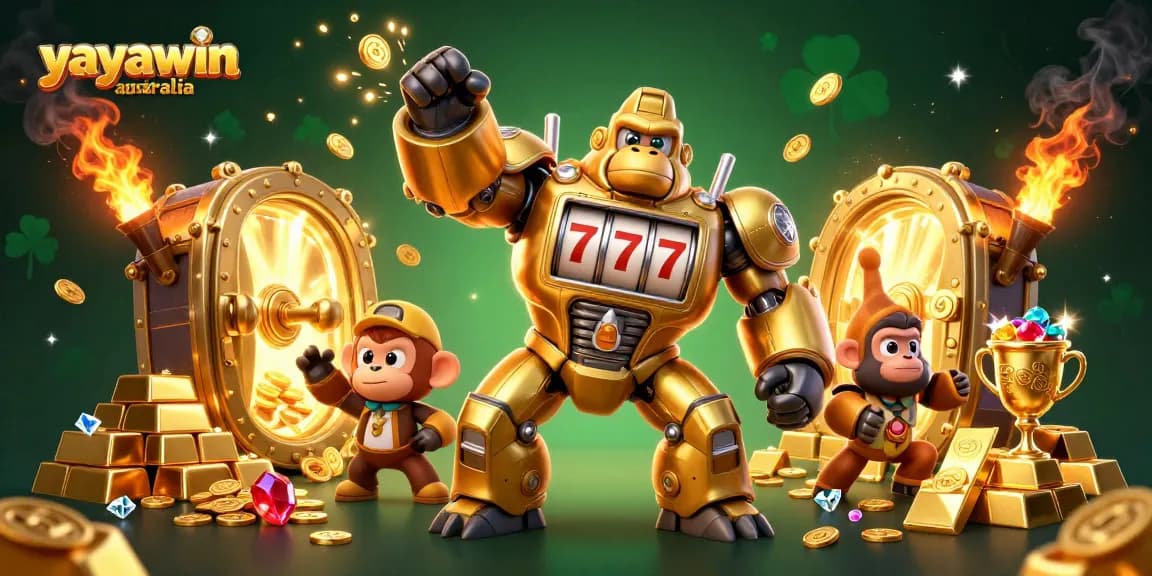 Experience thrill with Yayawin Australia’s golden gorilla mech amidst riches and excitement.