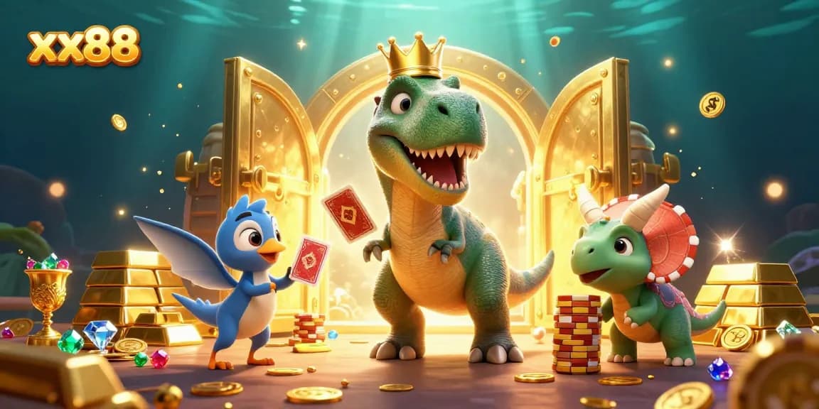 xx88 players enjoy a fun casino scene featuring a friendly T-Rex shuffling cards.