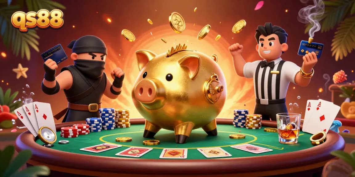 Engage in thrilling poker action at qs88 with a dynamic scene featuring vibrant characters and casino elements.