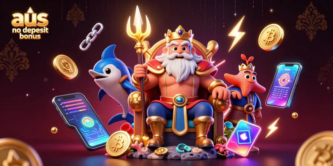 Stunning 3D scene showcasing the aus no deposit bonus with Neptune, crypto coins, and vibrant casino elements.