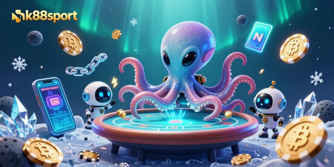 Experience thrilling gaming on nk88sport with an alien octopus playing holographic poker.