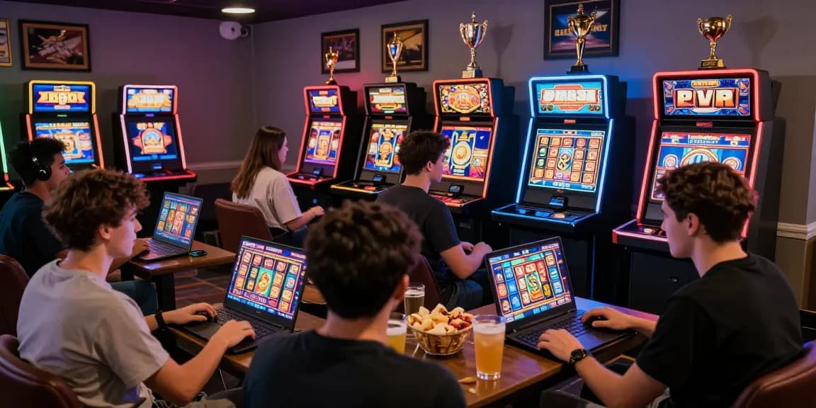 Exciting scene of diverse players enjoying slot 777 games online in a lively gaming lounge atmosphere.
