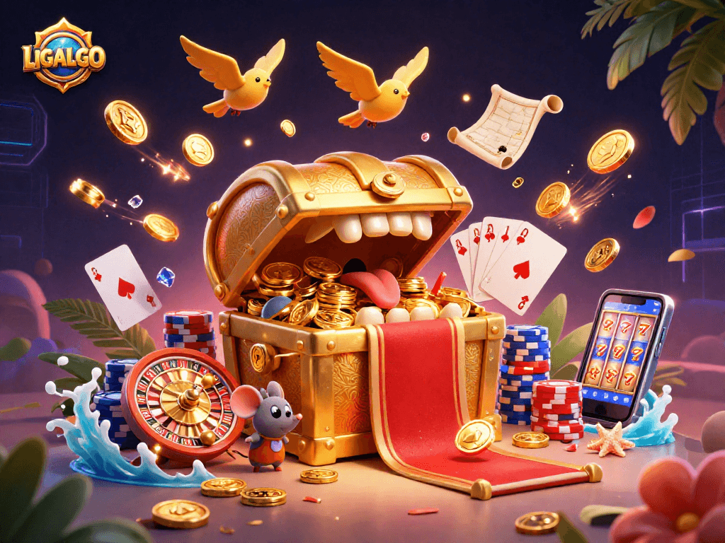 Experience the thrill of LIGALGO with interactive slot machines, golden treasures, and festive gambling ambiance.