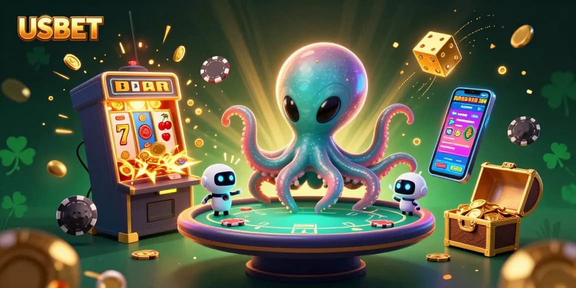 Experience winning with USBET at a vibrant galactic casino featuring cool cartoon characters and flying poker chips.