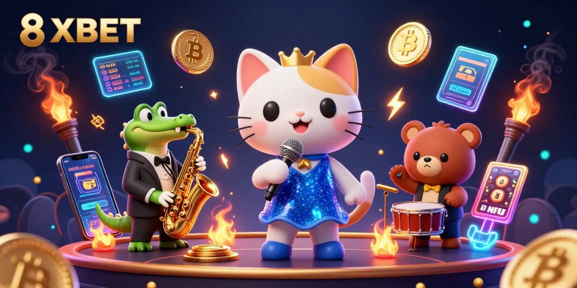 Engage with 8XBET's vibrant casino atmosphere featuring a jazzy cat, sax-playing croc, and bear cub amidst exciting gaming elements.