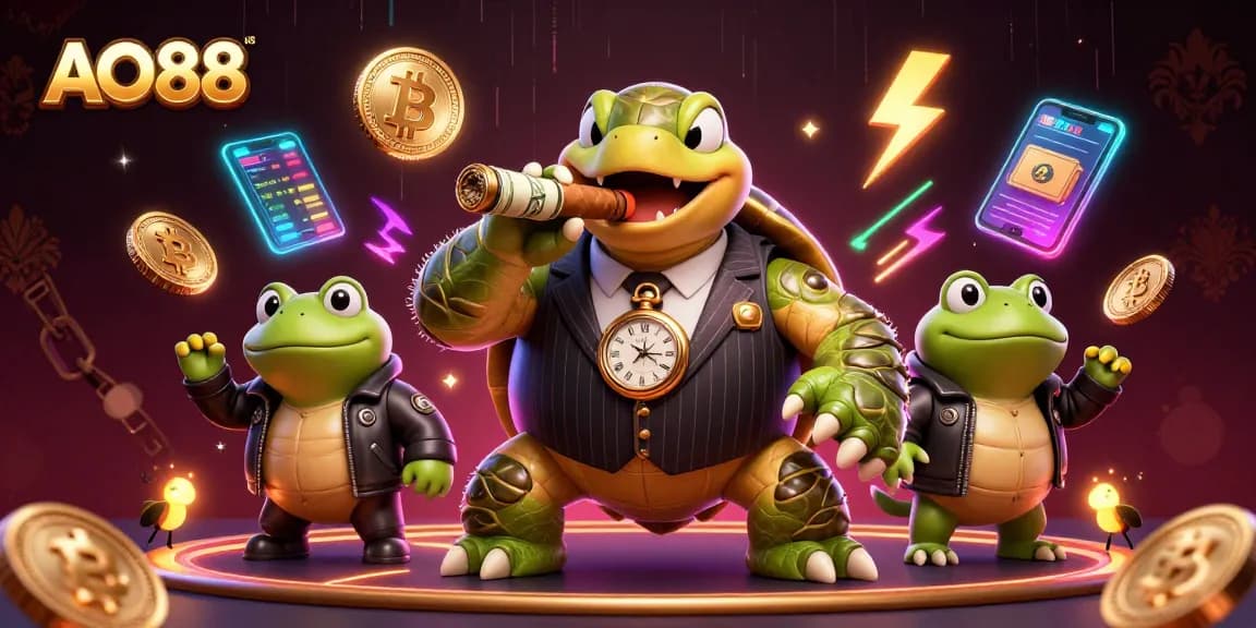 Engage with AO88 casino games featuring a snapping turtle mobster and bullfrog enforcers amidst crypto elements.