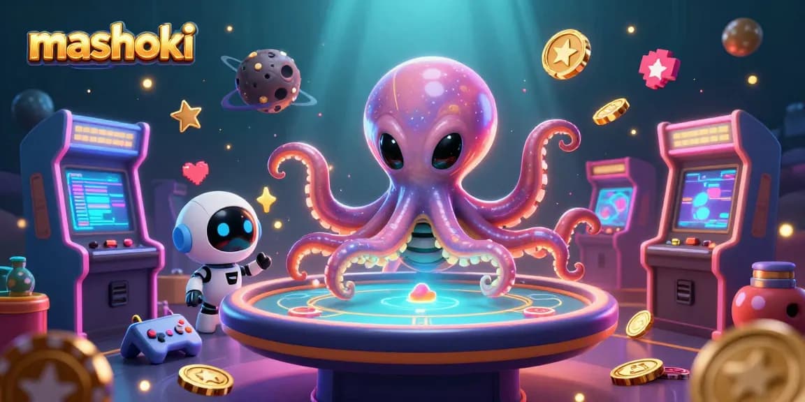 Mashoki's alien octopus engages players at a holographic poker table in a vibrant casino-themed 3D scene.