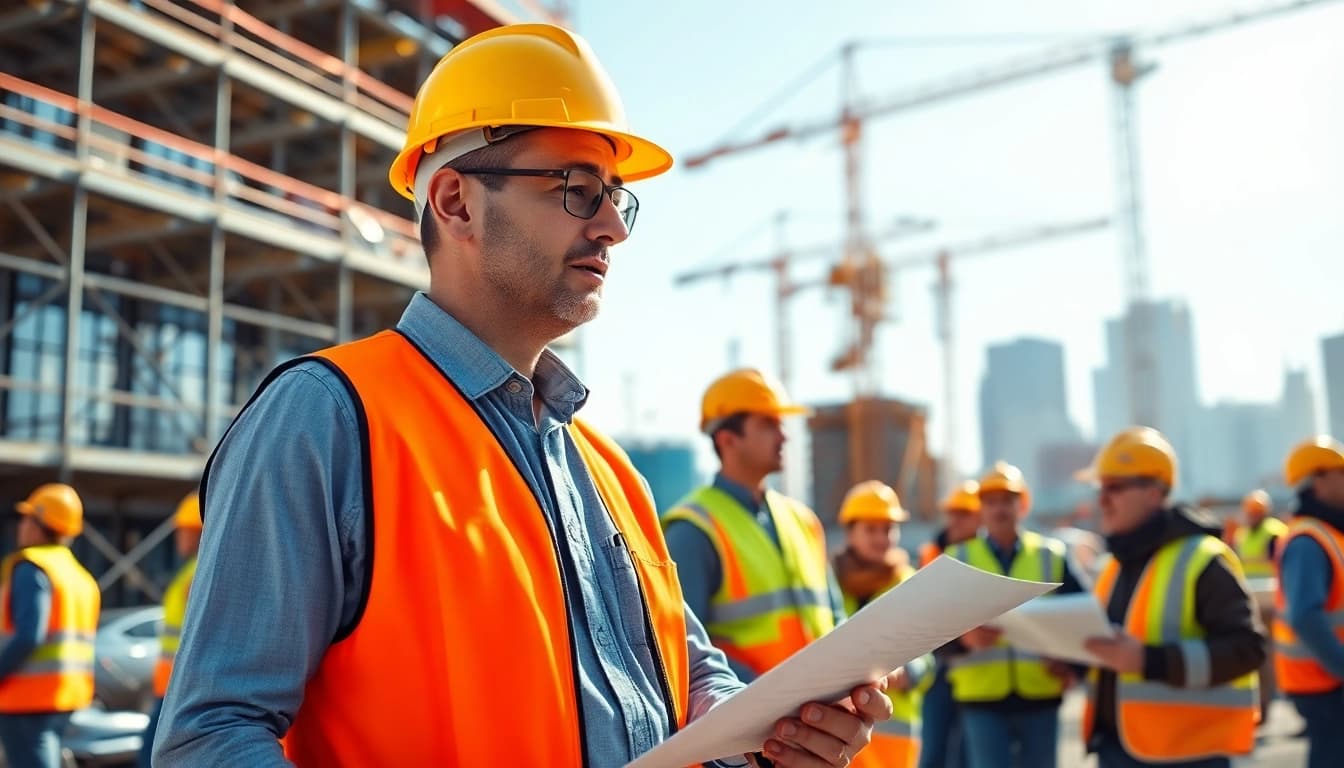 New York Construction Manager overseeing a construction site with workers in action.