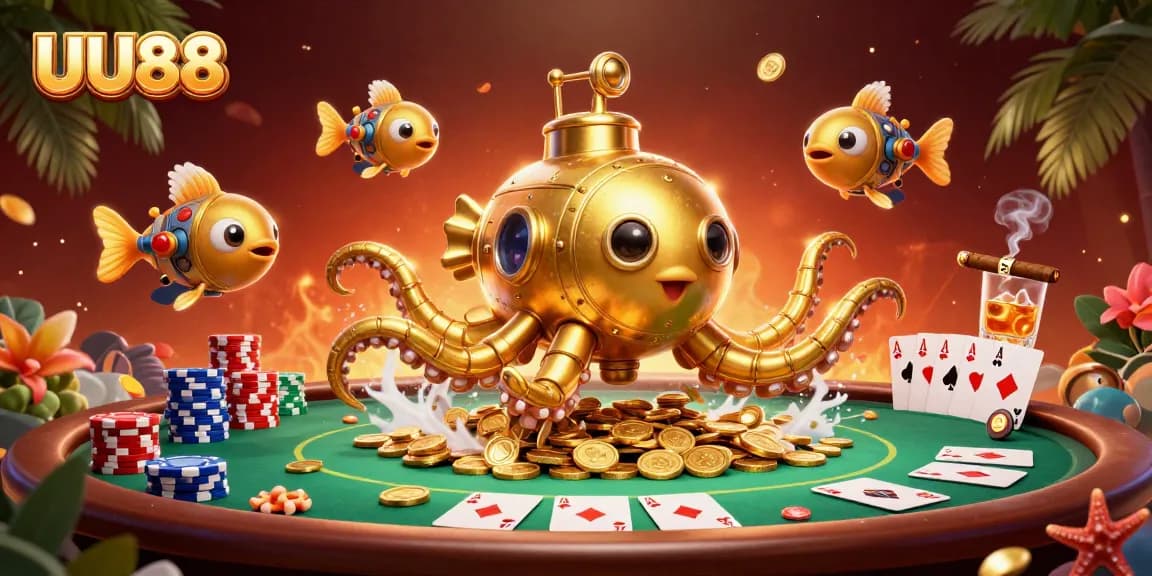 Experience thrilling gameplay at UU88 with a vibrant illustration of a golden kraken submarine amidst poker action.