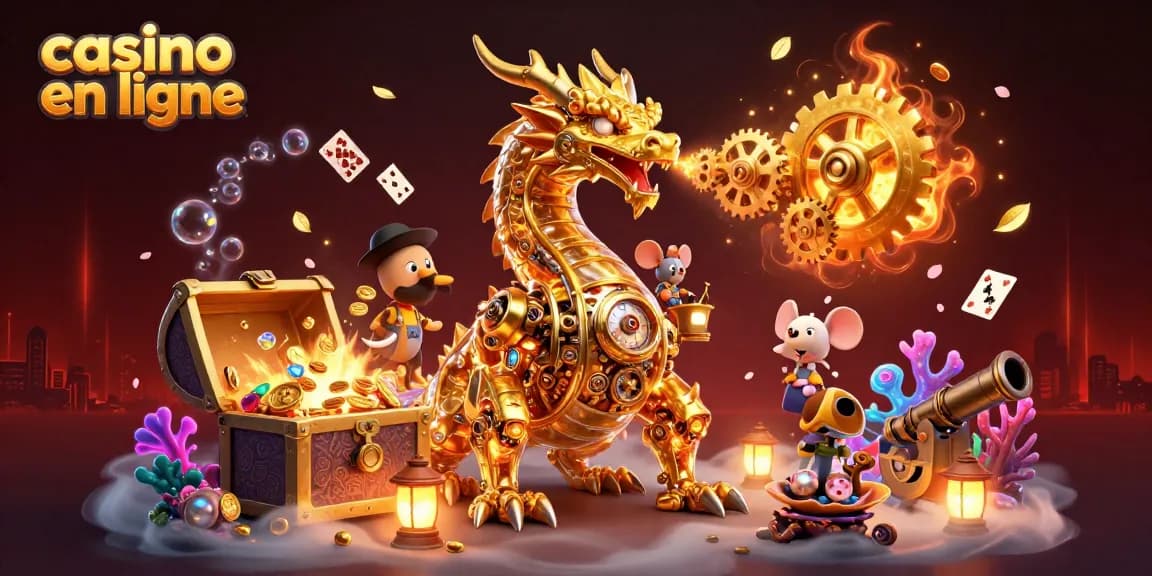 Plongez dans un univers de casino en ligne avec un dragon doré fantastique et des éléments de jeu captivants.