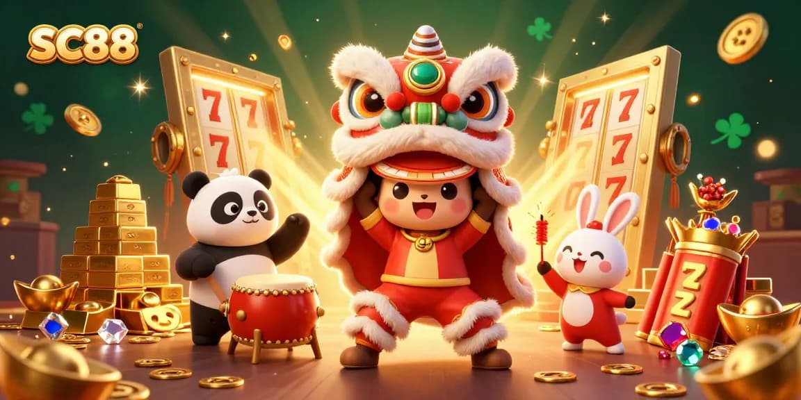 Engage with SC88's thrilling slots action illustrated through a festive lion dance and dynamic game elements.