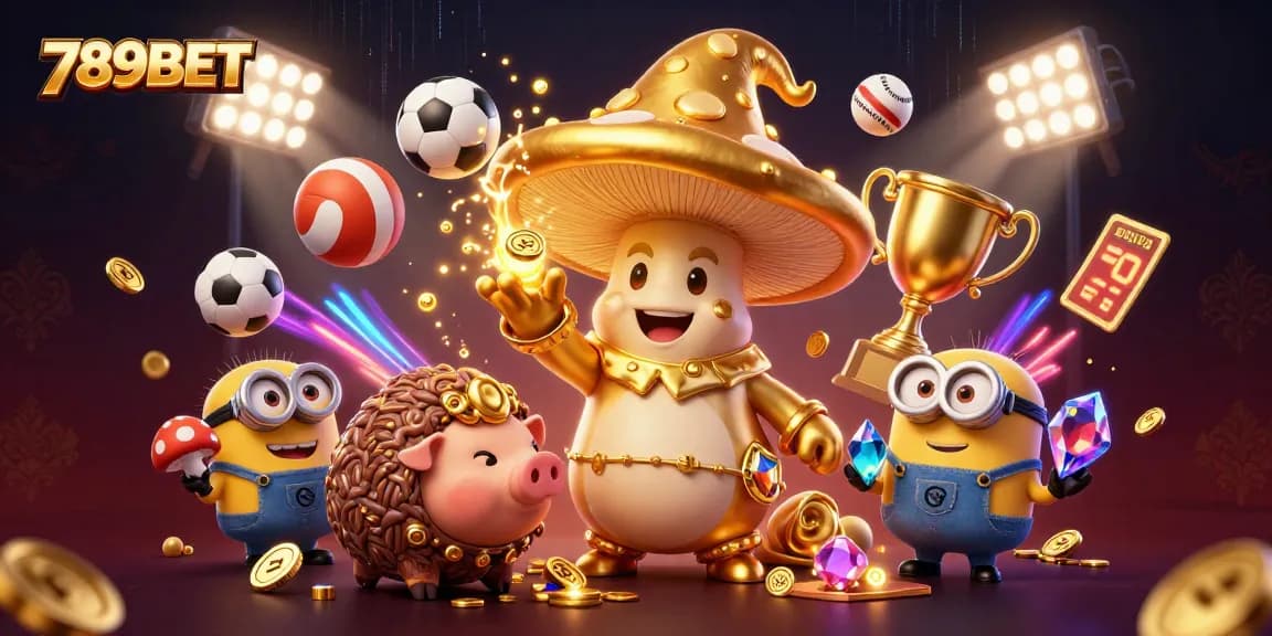 Experience the thrill of betting at 789BET with vibrant 3D illustration showcasing dynamic sports elements and trophy magic.