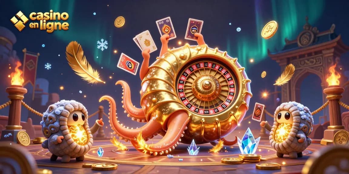 Jeu de casino en ligne captivant avec un nautilus géant tenant des cartes éclairées par des ammonites et des éléments de jeu