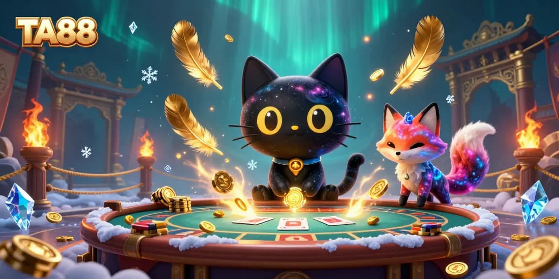 TA88 cosmic casino scene featuring a black hole cat and nebula fox, with vibrant gambling elements