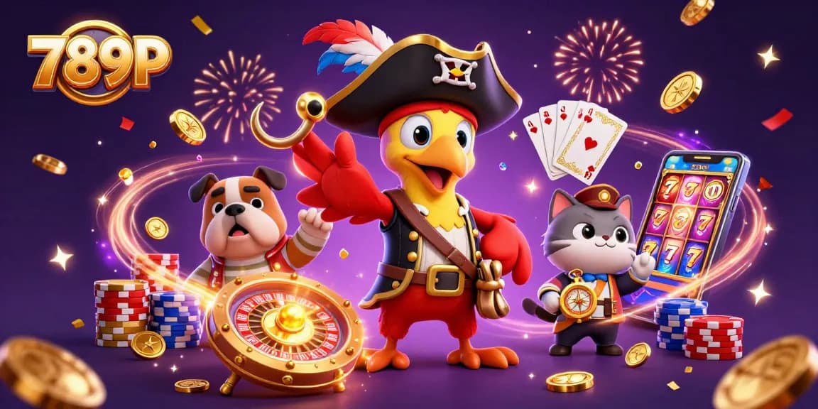 Experience the thrill of gaming at 789P with vibrant casino characters amid cascading coins and cards.