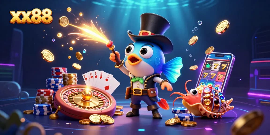 Win big with xx88's thrilling 3D illustration of casino excitement featuring deep-sea characters.