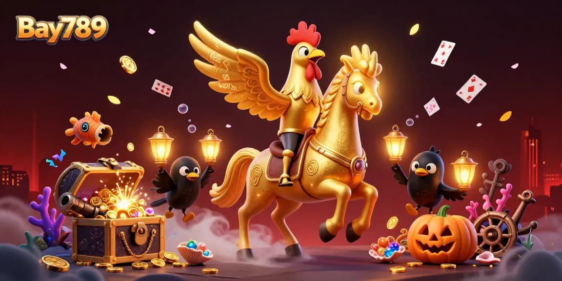 Experience thrilling gaming at Bay789 with a golden rooster and crow companions navigating a vibrant casino.
