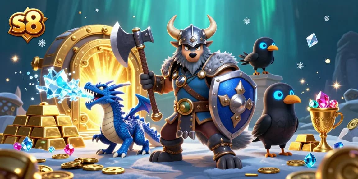 S8 takes center stage in a vibrant casino scene with a Viking wolf, fierce dragon, and treasures all around.