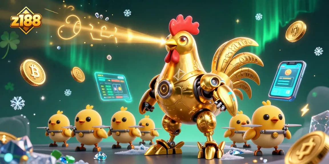 Engage with z188’s thrilling gaming experience featuring a golden rooster robot surrounded by cryptocurrency elements.